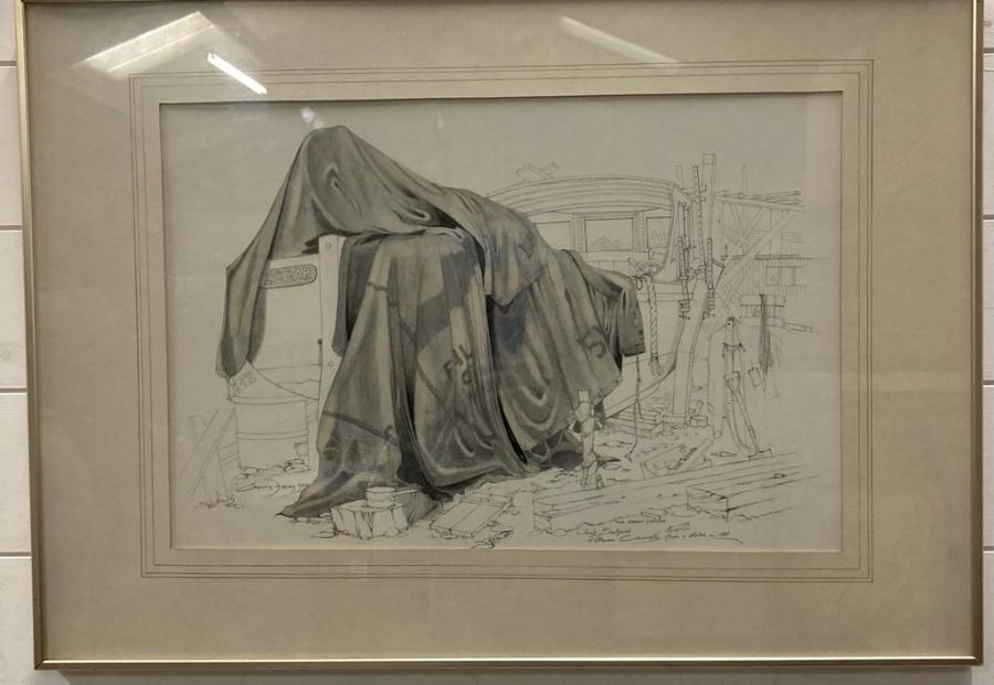 A pencil drawing titled " Toms Boatyard Polruan Cornwall 1956" signed and dated Gerry Facey 1982