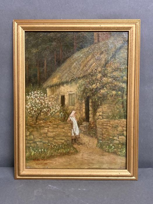 An oil on canvas of a country scene showing a woman outside of her cottage. Signed lower left in red