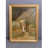 An oil on canvas of a country scene showing a woman outside of her cottage. Signed lower left in red