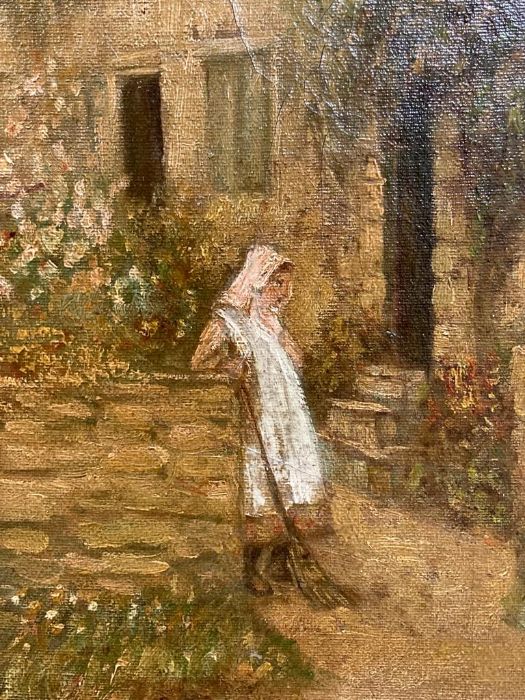 An oil on canvas of a country scene showing a woman outside of her cottage. Signed lower left in red - Image 3 of 3