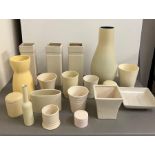 A selection of glazed and glass contemporary ceramic pieces including vases, dishes etc