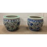 Two oriental fish bowls, blue, white and green (Dia 36cm H30cm)