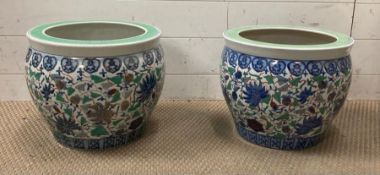 Two oriental fish bowls, blue, white and green (Dia 36cm H30cm)