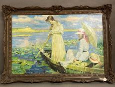 An oil on board of two women boating signed bottom left Rossi