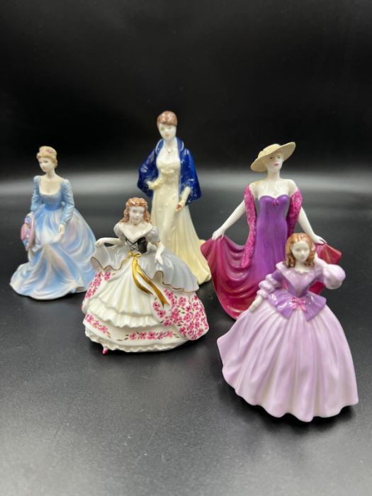 A selection of five Coalport figurines, Holly, Poppy, Dreams in the Moonlight, The Winter Ball and