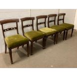 Five Victorian chairs on turned legs with spade backs and green velvet upholstery