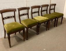 Five Victorian chairs on turned legs with spade backs and green velvet upholstery