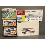 A selection of five boxed model kits, Westkand Lysander, Revell Spad XIII, Sea Harrier, Fairey