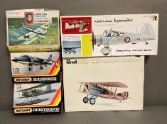A selection of five boxed model kits, Westkand Lysander, Revell Spad XIII, Sea Harrier, Fairey
