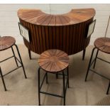 A Mid Century teak Sika mobler bar with three stools (H105cm W124cm D70cm)