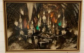 An oil on board of abstract gothic scene, signed Gerry Facey bottom right (97cm x 66cm)