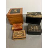 A selection of Tunbridge ware, a Russia tea caddy with horse drawn picture to front and a square box