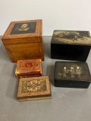 A selection of Tunbridge ware, a Russia tea caddy with horse drawn picture to front and a square box