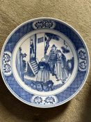 A late century Chinese blue and white porcelain dish, painted with figural scene of two