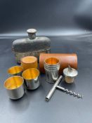A selection of travelling drink related items to include a hip flask and twos cased sets of metal