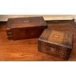 A brass banded mahogany box, campaign style and an inlaid box