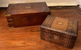 A brass banded mahogany box, campaign style and an inlaid box