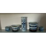 A selection of blue and white oriental China to include a beaker vase, incense burner etc