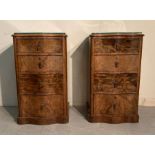 A pair of walnut serpentine four drawer mahogany bedside with tear drop handles AF (H78cm W46cm