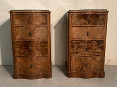 A pair of walnut serpentine four drawer mahogany bedside with tear drop handles AF (H78cm W46cm