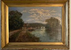 A picture of a lake view, signed lower right J. Lewis