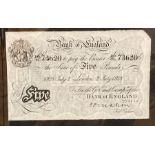 A 1928 July 2 Bank of England White Five Pound Note, London Chief Cashier C.P, Mahon with security