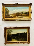 Two landscape pictures, one oil on canvas of ruins bedside on estuary (30cm x 60cm)