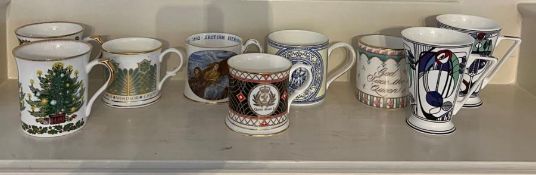 A selection of bone china mugs, various designs including Royal memorabilia , QM2 etc