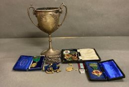 A selection of masonic items to include medals and a bowls trophy dated 1931