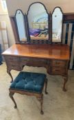 A Queen Anne style ladies dressing table with triple mirror and button upholstered stool (75cm