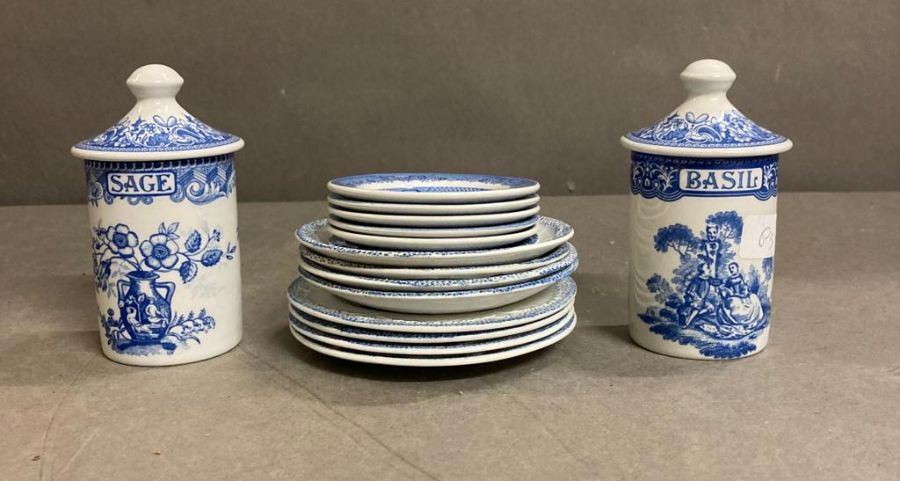 A selection of miniature Spode pin dishes, two Spode jars and some ridgeway pin dishes