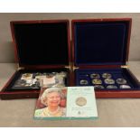 Two boxes of various coins to include 1935 and 1937 Crowns, various collectable crowns and photo