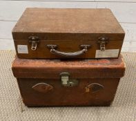 A vintage leather picnic case and a pine collector box