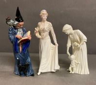 Three porcelain figures, Royal Doulton Diana, The Wizard and Coalport First Steps