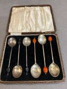 Six bean end spoons, three silver and three EPNS, cased