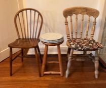 A Windsor chair and a farmhouse chair and pine foot stool