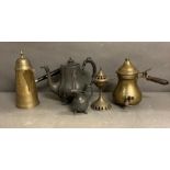 A selection of brass and pewter to include coffee pots, milk jug and an incense burner