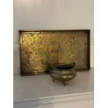A brass tray with cherry blossom decoration and brass censor