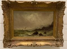 An oil on canvas of a stormy coastline