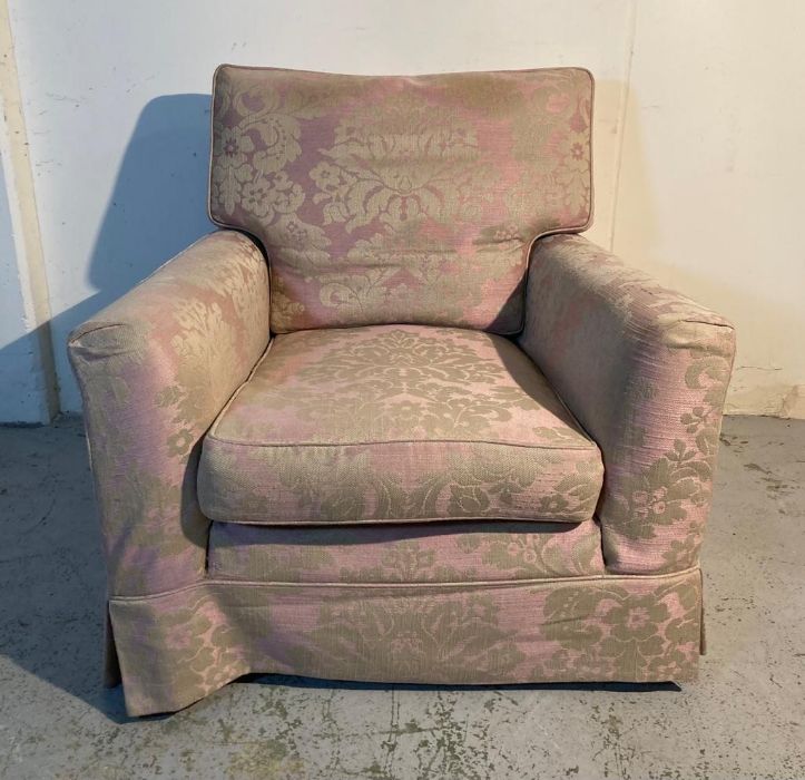 A Duresta arm chair, upholstered with a pink and gold floral pattern