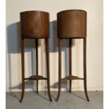 A pair of Edwardian mahogany and inlaid Jardinière plant stands (H97cm Dia 32cm)