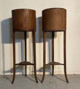 A pair of Edwardian mahogany and inlaid Jardinière plant stands (H97cm Dia 32cm)