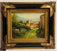 A painting of a Spanish style farm house signed lower right (25cm x 30cm)