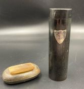 Two antique horn items to include a snuff box and a pin pot with silver hallmarked plaque