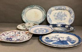 A varied selection of meat platters and serving dishes, various ages and makers