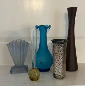 Five decorative coloured glass vases