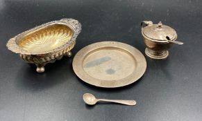Three items of silver to include a silver pin tray, mustard pot and a Georgian salt by George