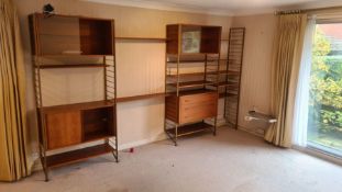 A teak ladderax shelving unit, various bays and combinations including, teak three drawer unit, four