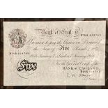 A 1956 Bank of England January 7th White Five Pound note signed L K O'Brien, UNC