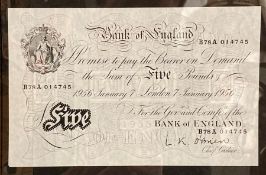 A 1956 Bank of England January 7th White Five Pound note signed L K O'Brien, UNC